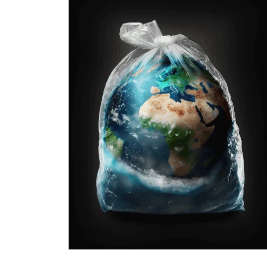 Das Bild zeigt eine durchsichtige Recyclingtüte, in der sich ein Globus befindet. Der Hintergrund ist schwarz.