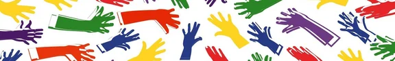Ein weißer Hintergrund mit viele bunten Händen darauf.