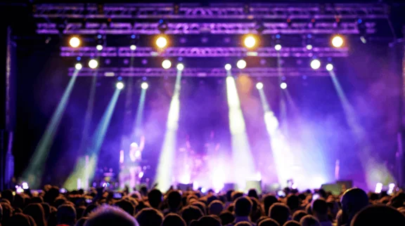 Im unteren Bereichs des Bildes sieht man viele Köpfe von Personen, welche auf eine Bühne vor ihnen schauen. Der obere Teil des Bilds zeigt die Bühne mit ihren Scheinwerfern. Die Schweinwerfer leuchten bunt.