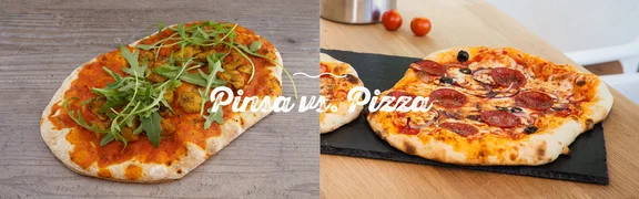 Produktbild von einer Pinsa und Pizza mit der Aufschrift: "Pinsa vs. Pizza"