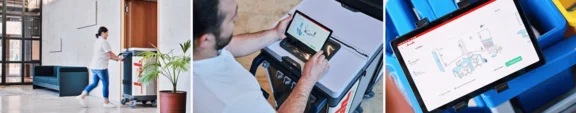 Collage mit Abbildung eines professionellen Reinigungswagens inkl. Tablet