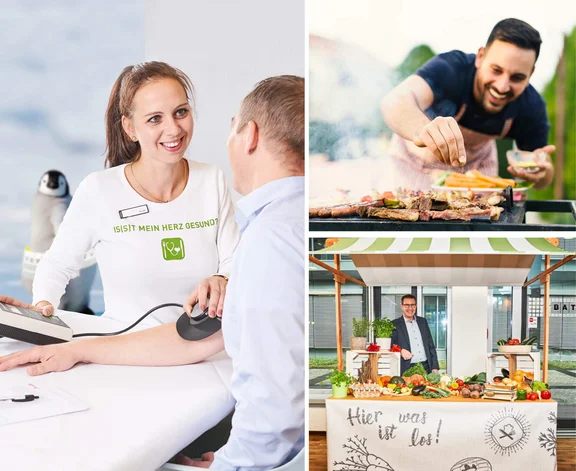 Eine Collage aus drei Bildern. Im ersten Bild sitzen eine lächelnde Frau mit einem weißen Klüh T-Shirt mit dem aufdruck: Is(s)t mein Herz Gesund ? und ein Mann im Hemd gegenüber, im zweiten Bild ist ein lächelnder Mann in Kochschürze am grillen, er hat Gemüse und Fleisch auf dem Grill. Im Dritten Bild ein Mann im Anzug hinter einem Gemüse Stand mit der Aufschrift: Hier ist was los!