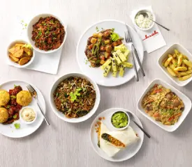 Das Bild zeigt eine Auswahl schön angerichteter veganen Speisen wie z. B. einen Wrap, Salat und Gemüse.