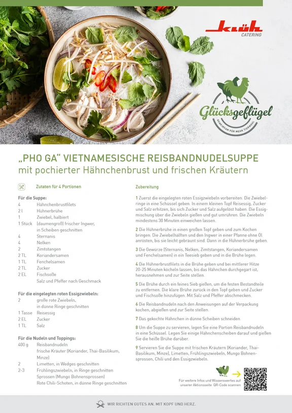 Rezept und Zubereitung für das Aktionsgericht von "Glücksgeflügel" „PhoGa“ Vietnamesische Reisbandnudelsuppe mit pochierter Hähnchenbrust und frischen Kräutern