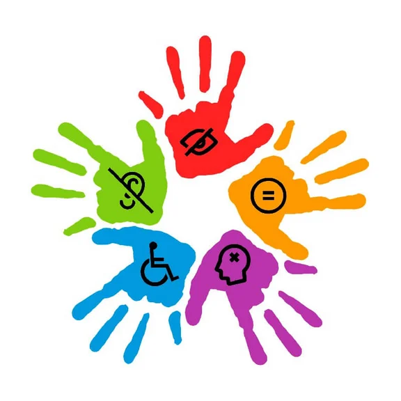 Illustration mit 5 bunten Händen mit verschiedenen Symbolen für Inklusion drauf wie: Gehörlos, Blind, beeinträchtigt 
