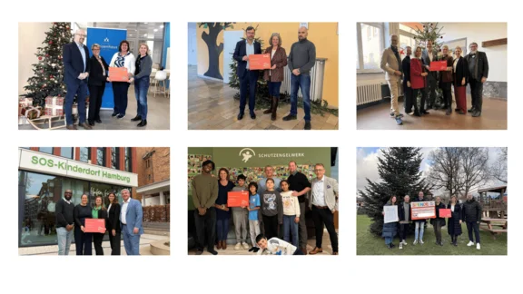 Eine Collage aus 6 Bildern während einer Geschenk Übergabe