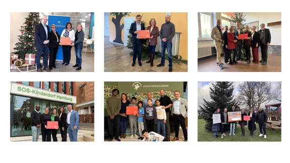 Eine Collage aus 6 Bildern während einer Geschenk Übergabe