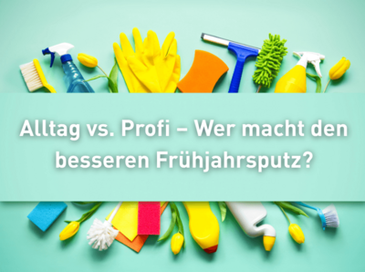 Reinigungsmittel und Tulpen arrangiert im Kreis, in der Mitte der Titel "Alltag vs. Profi – Wer macht den besseren Frühjahrsputz?"