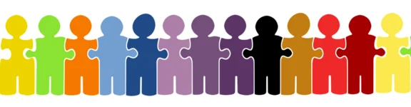 Eine Illustration von vielen Menschen Symbolen aneinander gereiht wie ein Puzzel, jeder Puzzlemensch hat eine andere Farbe