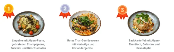 Aktionsbild zu "Alles Alge" von Klüh Catering mit den Top 3 platzierungen. Platz 1: Linguine mit Algen-Pesto; Platz 2: Rotes Thai-Gemüsecurry; Platz 3: Backkartoffel mit Algen-Thunfisch