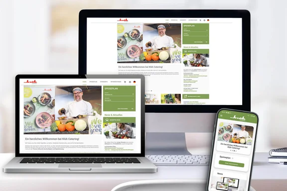 Ein Bild von Geräten wie Smartphone-, Notebook- und Computerbildschirmen auf dem das Klüh Catering Portal geöffnet ist