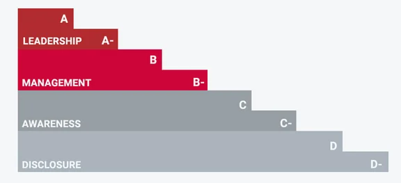Veranschaulichung des CDP ( Carbon Disclosure Rating ) Scoring Breakdown, beginnend und absteigend mit: A bis A minus für Leadership, B bis B minus für Management, C bis C minus für Awareness und D bis D minus für Disclosure