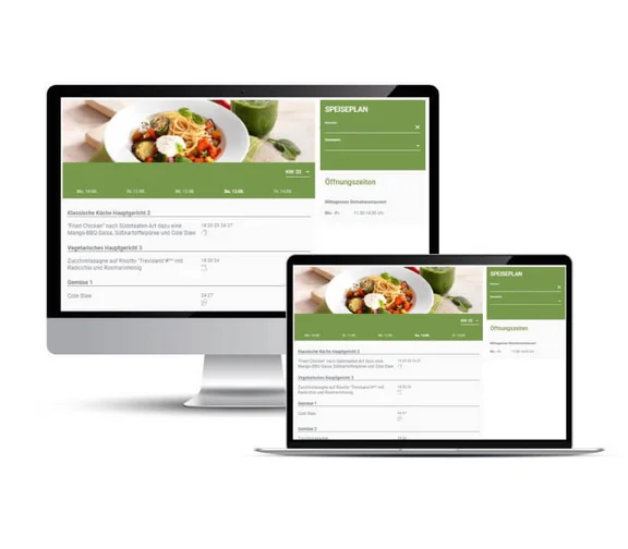 Ein Bild von einem Computer und einem Notebook, auf den Bildschirmen sind Speisepläne zu sehen