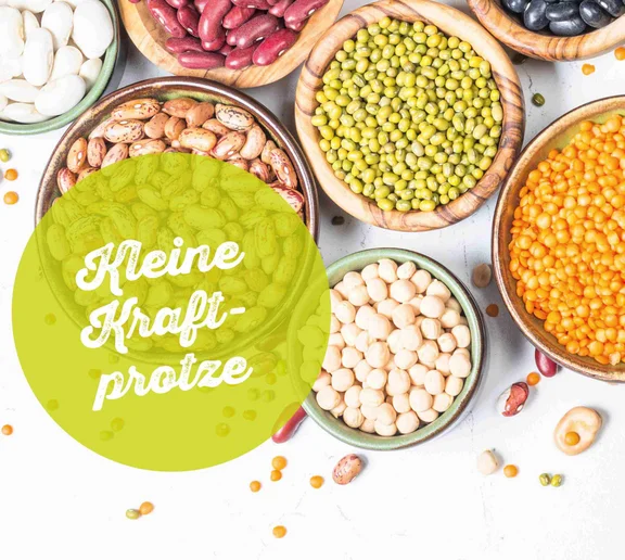 We love green Aktionsbild bestend aus mehreren Schalen mit jeweils Hülsenfrüchten drin und dem Schriftzug "kleine Kraftprotze"
