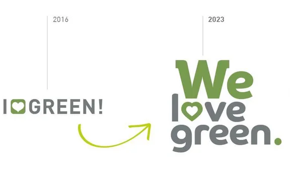 Veranschaulichung wie aus 2016 " I (Herz) Green! " zu 2023 " We love green." wird