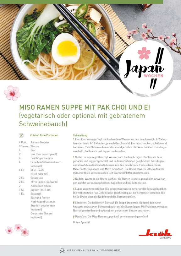 Von Klüh Catering ein Rezept zu den Japan Wochen für Miso Ramen Suppe mit Pak Choi und Ei
