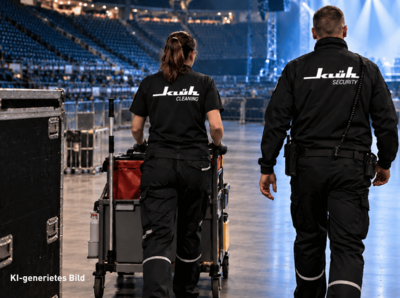 Reinigungskraft und Sicherheitsmitarbeiter von hinten in einer Konzerthalle