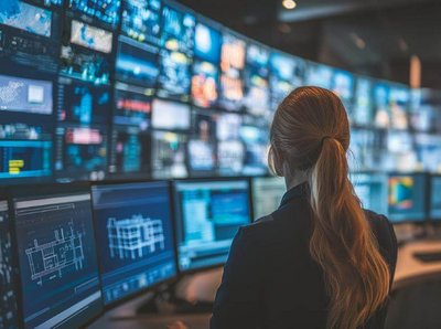 [Translate to Englisch:] Eine weibliche Sicherheitskraft sitzt in einem Stuhl vor vielen Monitoren