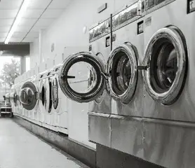 Das Bild zeigt mehrere Waschmaschinen, eine davon mit einer geöffneten Trommel.