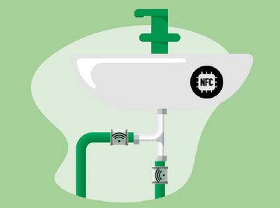 Illustration eines Waschbeckens mit Wasserleitungen und NFC-Symbolen, die digitale Technik zur Überwachung und Spülung von Trinkwasserleitungen darstellen.