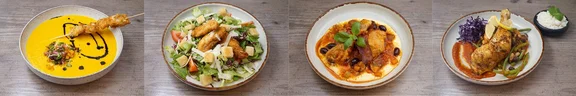 Eine Collage aus vier Bildern, jedes Bild zeigt ein Tellergericht auf einem Holztisch