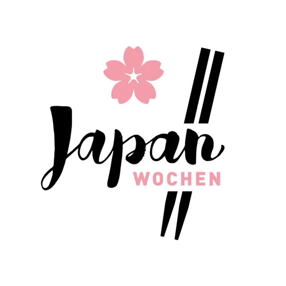 Logo zur Aktion Japan Woche bestehend aus aus dem Schriftzug"Japan Wochen" mit Essstäbchen und einer Japanischen Kirschblüte