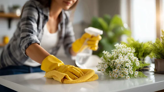 Frau wischt Tisch, trägt Reinigungshandschuhe. Auf dem Tisch liegen Frühlingsblumen
