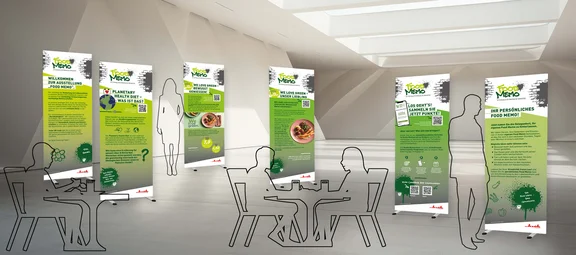 Eine Fotomontage von senkrecht aufgestellten Bannern zur Aktion FOODMEMO in einem hellen Raum