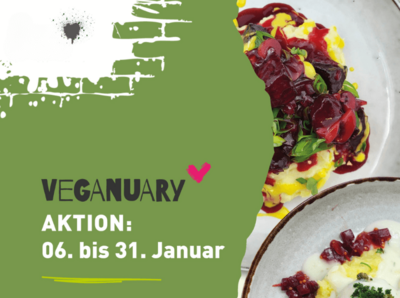 Ein Aktionsbild zum Veganuary Aktion 06. bis 31. Januar, auf dem Bild sind noch zwei Tellergerichte