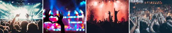 Eine Foto Collage aus 4 Bildern, die Menschen bei Festivals zeigen