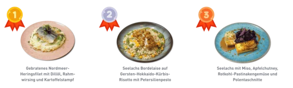 Eine Collage aus drei Tellergerichten von links nach Rechts von Platzierung 1 bis 3: Gebratenes Nordmeer Heringsfilet, Seelachs-Bordelaise, Seelachs mit Miso