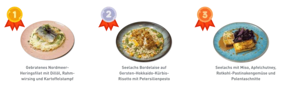 Eine Collage aus drei Tellergerichten von links nach Rechts von Platzierung 1 bis 3: Gebratenes Nordmeer Heringsfilet, Seelachs-Bordelaise, Seelachs mit Miso