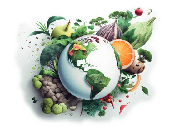 Illustration der Erdkugel und dahinter kreisformig angelegte verschiedene Gemüsesorten