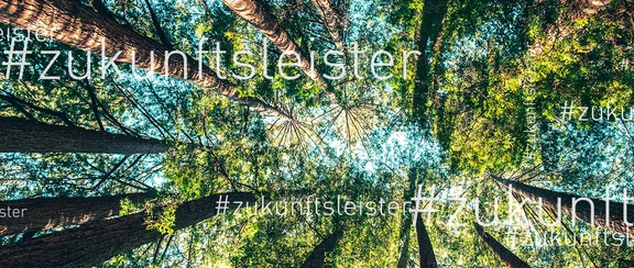 Ein Bannerbild von einem Wald mit grünen Bäumen, das Bild ist mit blickrichtung zum Himmel und auf dem Bild ist oder der Schriftzug: #zukunftsleister