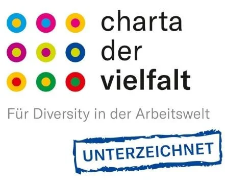 Logo: charta der vielfalt mit dem untertitel "Für Diversity in der Arbeitswelt" und "Unterzeichnet"