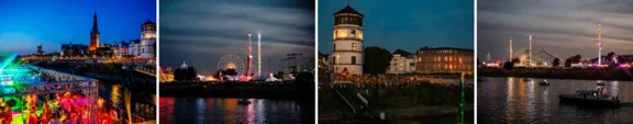 Collage mit vier stimmungsvollen Bildern von Deck, der Altstadtkulisse und Kirmes