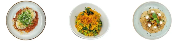 Bannercollage aus drei Tellergerichten von links nach rechts platziert. 1. Platz:Gersten-Spinat-Knödel mit Paprika-Tomaten-Relish ; 2. Platz: Gersten-Risotto mit Möhre, Babyspinat und Edamame; 3. Platz: Gersten-Pfannkuchen mit Ratatouille, Mozzarella und Basilikum   