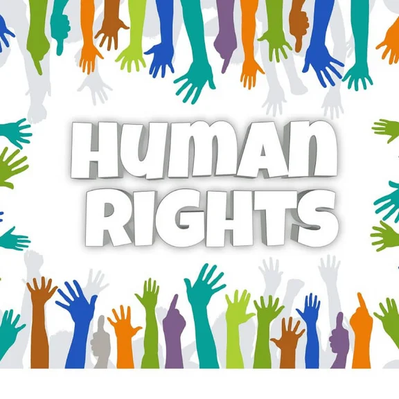 Illustration mit dem Schriftzug mittig "Human Rights" und drumherum viele bunte Hände