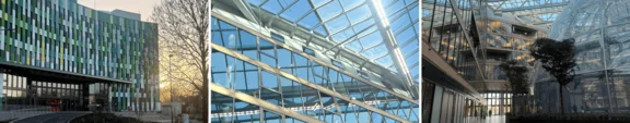 Collage EUREF Campus von außen, Glasfläche innen, Kuppel innen