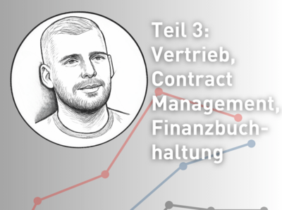 Bild zum Blogbeitrag von Luis mit Skizzen Porträt und dem Titel: Teil 3 Vertrieb, Contract Management, Finanzbuchhaltung