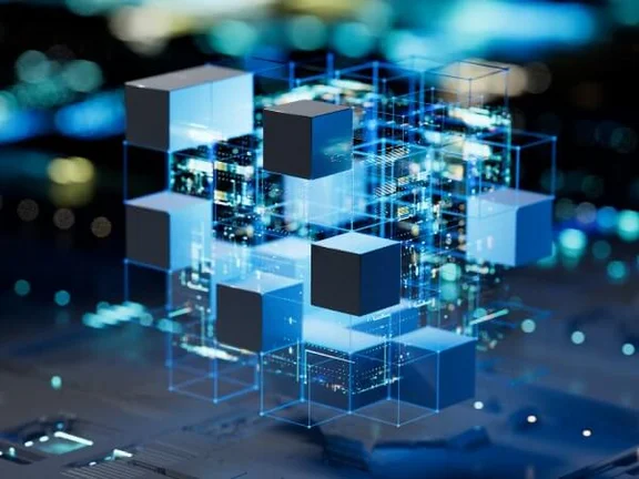 Eine Illustration von vielen quadratischen aneinandergereihten Würfeln in blau tönen