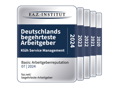Logo F.A.Z.-Institut Deutschland begehrteste Arbeitgeber Klüh Service Management für die Jahre 2020 bis 2024