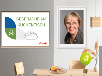 Teaserbild zum Klüh Catering Podcast "Gespräche am Küchentisch" mit Gast Katrin Dieckmann