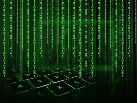 grün Leuchtende Zahlencodes aus Nullen und Einsen, die von oben nach unten laufen. Im dunklen Hintergrund ist eine grün leuchtende Tastatur