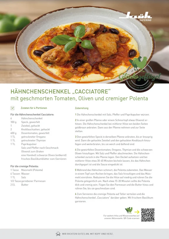 Rezept und Zubereitung für das Gericht Hähnchen „Cacciatore“ mit geschmorten Tomaten, Oliven und cremiger Polenta