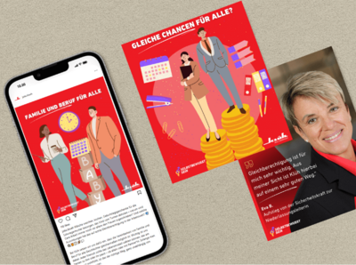 Ein Bild mit zwei Klüh Multiservices Kampagnenbildern mit dem Titel "Gleiche Chancen für alle ?" und ein Smartphone auf dem ein Instragram Beitrag von dem Unternehmen Klüh ist mit dem Titel " Familie und Beruf für alle"