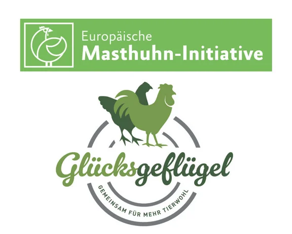 Ein Bild mit zwei Logos übereinander, Glücksgeflügel Logo und Europäische Masthuhn-Initiative Logo