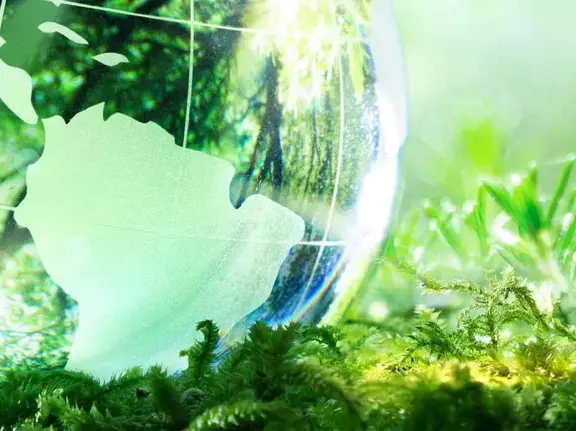 Das Bild zeigt eine grüne Wiese, auf der eine Glaskugel steht, die die Welt im Großen und die natürliche Umwelt im Speziellen symbolisieren soll.