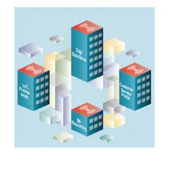 Eine Illustration von vier blauen Hohen Gebäuden die ein Wireless Symbol auf den Dächern haben