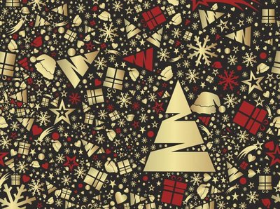 weihnachtliches Bild mit gold & roten Symbolen wie: Schneeflocke /-schnuppe; Geschenkbox; Weihnachtsmütze; Weihnachtsbaum